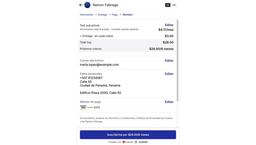 Checkout review showing a delivery line charged every cycle, added to the total.