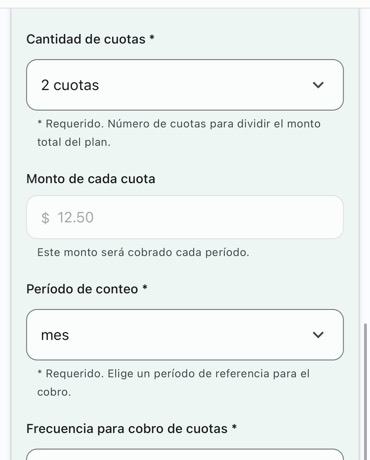 Cantidad de cuotas field set to 2, with each payment automatically calculated at $12.50 below.