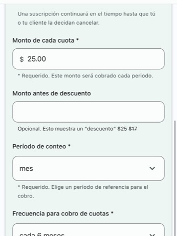 Período de conteo set to month and Frecuencia set to every 6 months, with the delivery-per-cycle switch below.