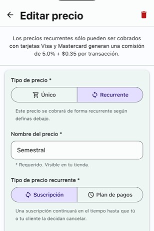 Price form with Tipo de precio set to Recurrente and Tipo de precio recurrente set to Suscripción.
