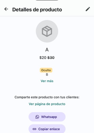 Product details screen with the Whatsapp, Copiar enlace, Compartir and Duplicar buttons.