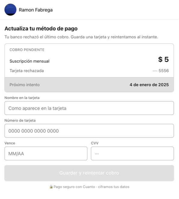 Web page where the customer enters a new card and retries the pending charge.